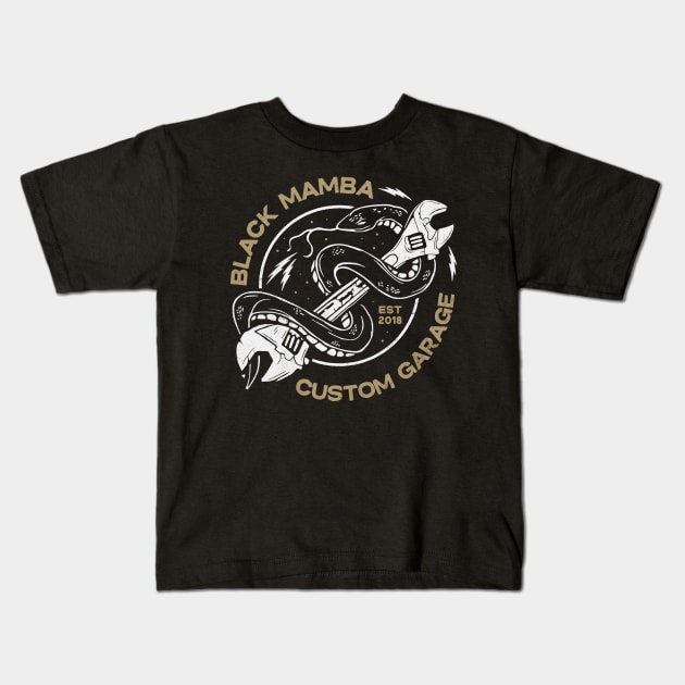 BLACK MAMBA CUSTOM GARAGE Kids T-Shirt by KUSTOM SHOP